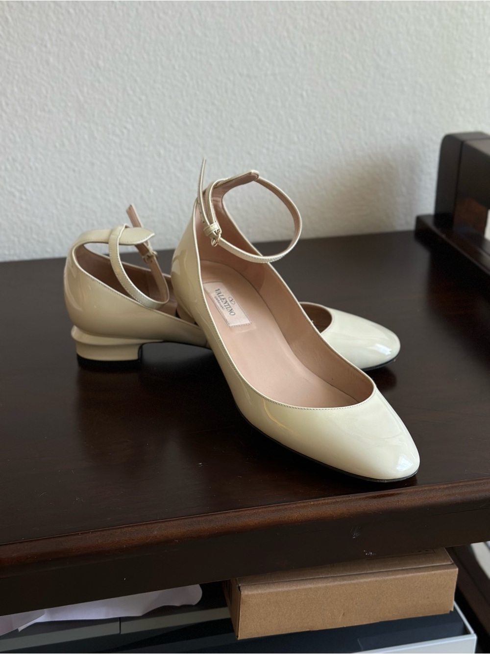 Valentino Garavani Cream Leather Ankle-Strap Low Heel Pumps - Picture 5 of 7